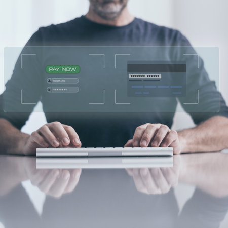 Man authorize secure payment online. Credit card on virtual screen. New banking, remote pay concept