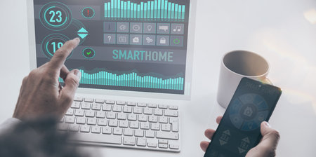 Smart home application on virtual pc. Domotic, technology automation, remote control system concept