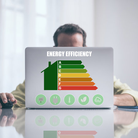 Man calculating energy buildings efficiency class. Ecological and bio-energy house concept.の写真素材