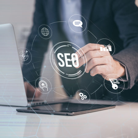Businessman woks on digital online new marketing business. SEO search engine optimization concept.の写真素材