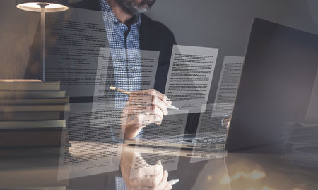 Businessman working on virtual screen with digital documents. Manage online documentation database.