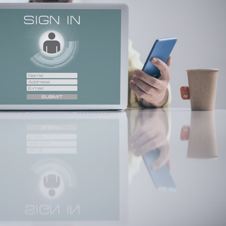 Man sign up and login. Registration, enter, sign in, membership concept. Personal data acquisition.の写真素材