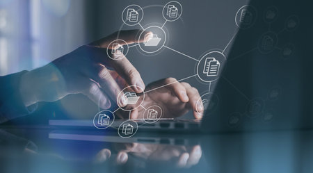 Businessman working on virtual screen with digital documents. Manage online documentation database.