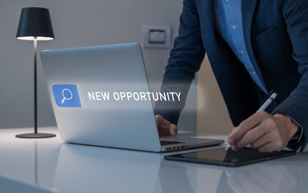 Man searching for new business opportunity. Digital marketing strategy, development of creative solutionsの写真素材