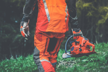 Close up view of an hand holding a chainsaw. Lumberjack at work wears orange personal protective...