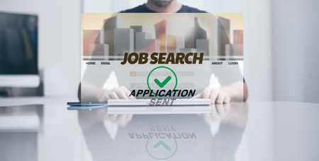 Man behind computer search job online. Typing on keyboard find occupation Recruitment hiring conceptの写真素材