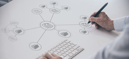 Businessman manage documents directory on virtual display. Business setup document management systemの写真素材