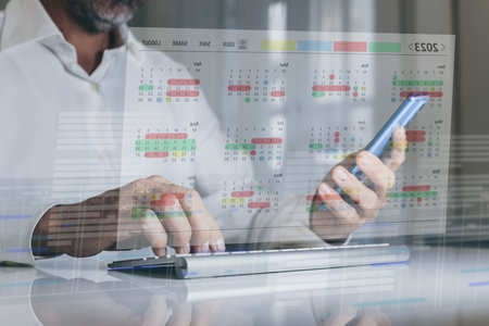 Calendar software showing schedule with many tasks. Businessman time management organization conceptの写真素材