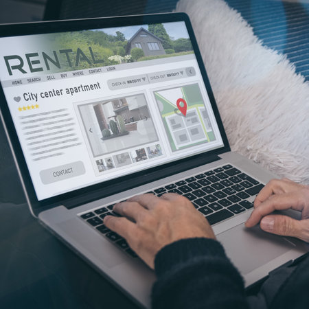 Man reading rental home ads online. Booking vacation in house for rent. Travel, business, concept.の写真素材