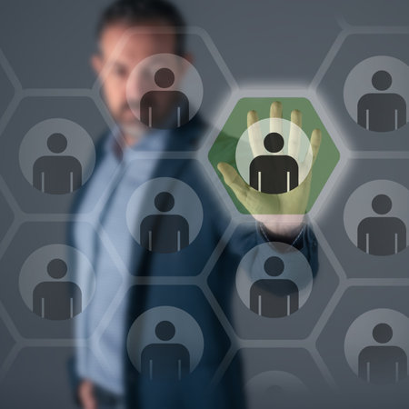 Manager checks CV on virtual screen. Human resource employee choose online resume. HR conceptの写真素材