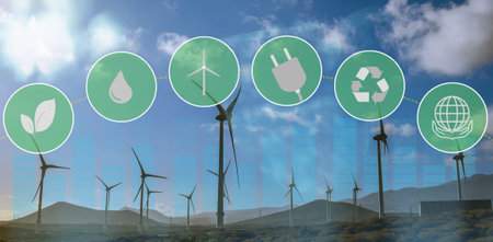 Wind power plant. New turbine technology system. Renewable energy and sustainable resources concept.の写真素材