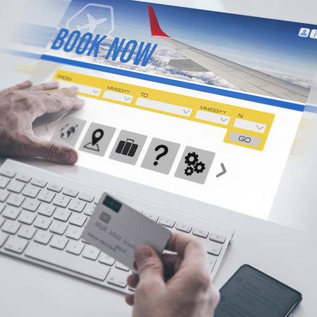 Businessman booking and pay flight ticket on virtual desktop screen. Plan travel, book business tripsの写真素材