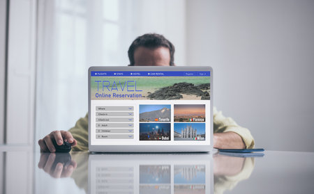 Man search tickets vacation on laptop virtual screen. Booking flights. Plan travel and book holidays