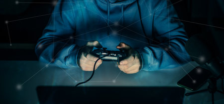 Teen gaming online. Friendship, fun, contact network concept. Internet game, group of remote gamerの写真素材