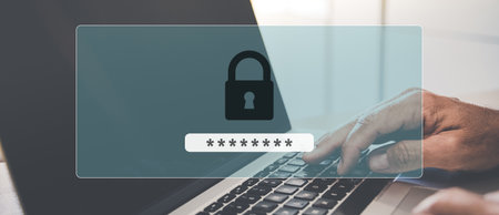 Hands typing on keyboard. User login and password to access. Data protection, cybersecurity,...