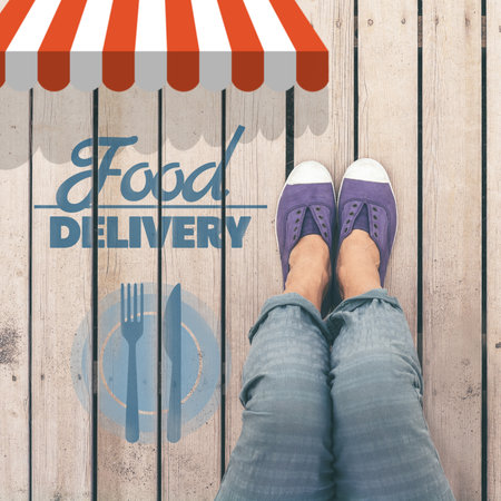 Top view of girl's legs sitting outdoor order food online. Home delivery fast food catering conceptの写真素材