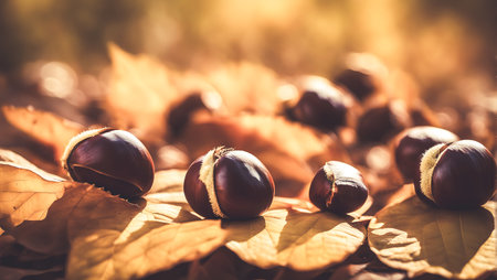 Chestnuts on fallen leaves. Idyllic autumn park with yellow foliage in the background. Fruits and floral fall season concept.の素材