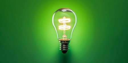Tungsten bulb light on, green background. Concept of idea, creativity, invention, inspirationの素材