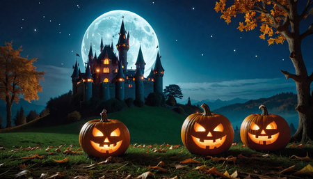 Halloween concept art image. Decorated pumpkins, spooky landscape, house, mist, full moon and batsの素材
