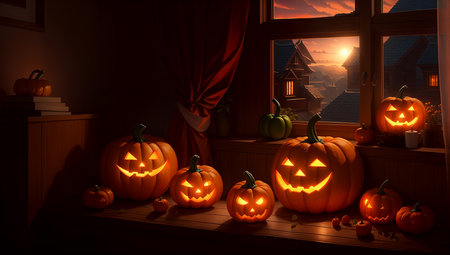 Halloween concept art image. Decorated frightening pumpkins near the window inside a spooky homeの素材
