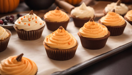 Close-up of freshly baked appetizing desserts. Preparing and cooking cupcakes for Halloween partyの素材