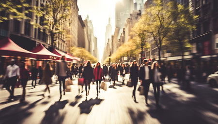 Crowd of people walking on the street with shopping bags in hands. Rush hour in a European city.の素材
