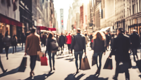 Crowd of people walking on the street with shopping bags in hands. Rush hour in an American city.の素材