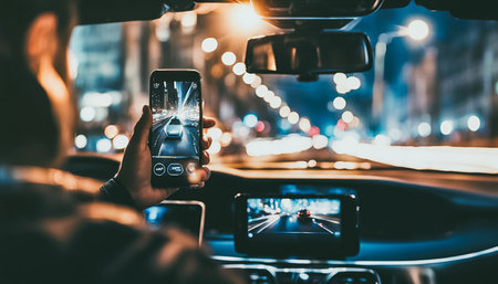 Person behind the wheel uses smartphone while driving. Accident danger and distraction conceptの素材