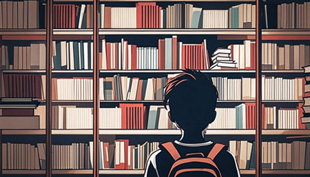 Back view of a student looking at bookshelves on a school library. Information and education conceptの素材