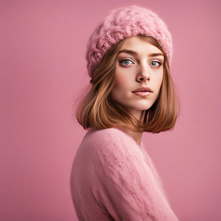 Fashion portrait of beautiful Caucasian young woman with wool cap. Expressive face looking awayの素材