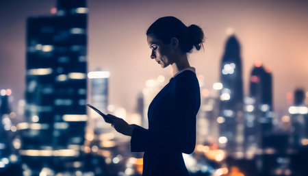 Businesswoman uses a pad at office. Night city skyline background. New business technology conceptの素材