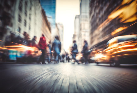 Blurred people walking in the city streets at the rush hour. Time lapse motion effect. Sunlightの素材