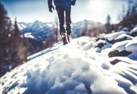 Close Up view of hiker feet walking on the snow. Mountain panorama in the background. Technical shoesの素材