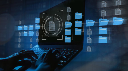 Hands typing on laptop. Cloud storage, documents archive. Business new technology, database conceptの素材