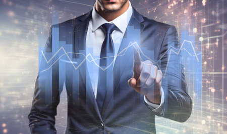 Businessman touch virtual screen with financial graphs. QMS, Data Quality management system concept.の素材