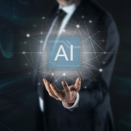 Man using Artificial Intelligence. Enter prompt for generate with AI. Futuristic technology concept.の写真素材
