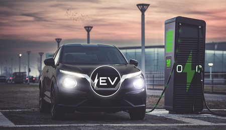 Charging hybrid EV. Charge battery of new electric vehicle. Green eco carbon free technology conceptの写真素材