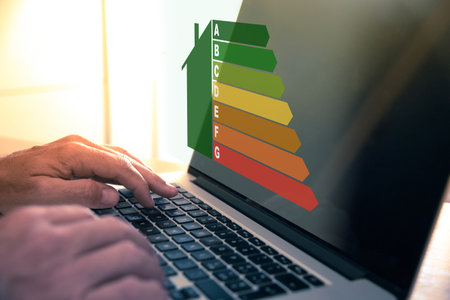 Man calculating buildings energy efficiency class. Ecological and bio energetic house concept.