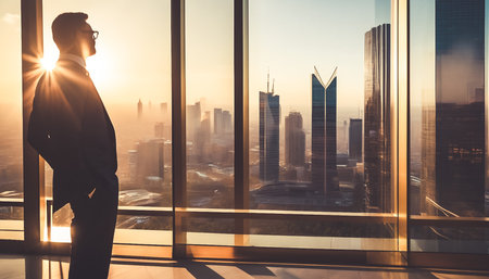 Back view of a businessman in office standing in front of a skyline of a modern city at golden hour.の素材