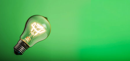 Tungsten bulb light on, green background. Concept of idea, creativity, invention, inspirationの素材