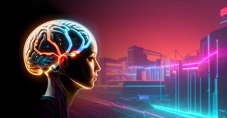 Artificial intelligence, AI, new technology concept. Human face with cyber brain, digital innovationの素材