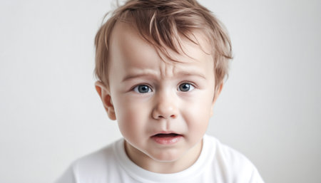 Portrait of a beautiful unhappy kid. Scared sad little child crying, Isolated on white background.の素材