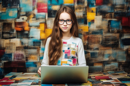 Concentrated young nerd girl with eyeglass. Student uses laptop in multicolored surreal cyber roomの素材