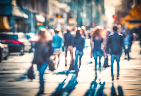 Blurred people walking in the city streets at the rush hour. Time lapse motion effect. Sunlightの素材