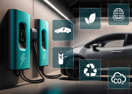 Battery packs for charging electric cars at home. Charge point in the garage. Car parking plug-in energyの素材