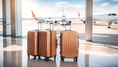 Luggage at the airport. Suitcases, holiday and travel vacations concept. Banner with copy space.の素材