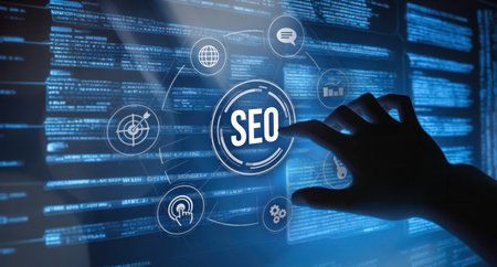 Hand touch a virtual display with SEO application. Web business, search engine optimization conceptの素材