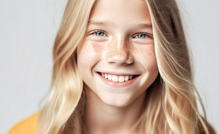 Closeup portrait of a beautiful happy teen. Blonde long hair. Isolated girl on white background.の素材