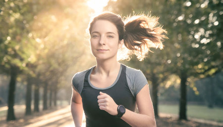 Sporty girl running alone in the park. Motion dynamic blur effect. Health, sport, training conceptの素材