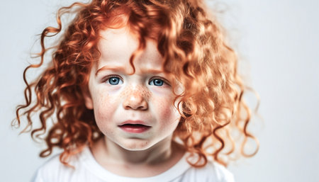 Portrait of a beautiful unhappy kid. Curly red hair and freckles. Scared sad little child crying,の素材